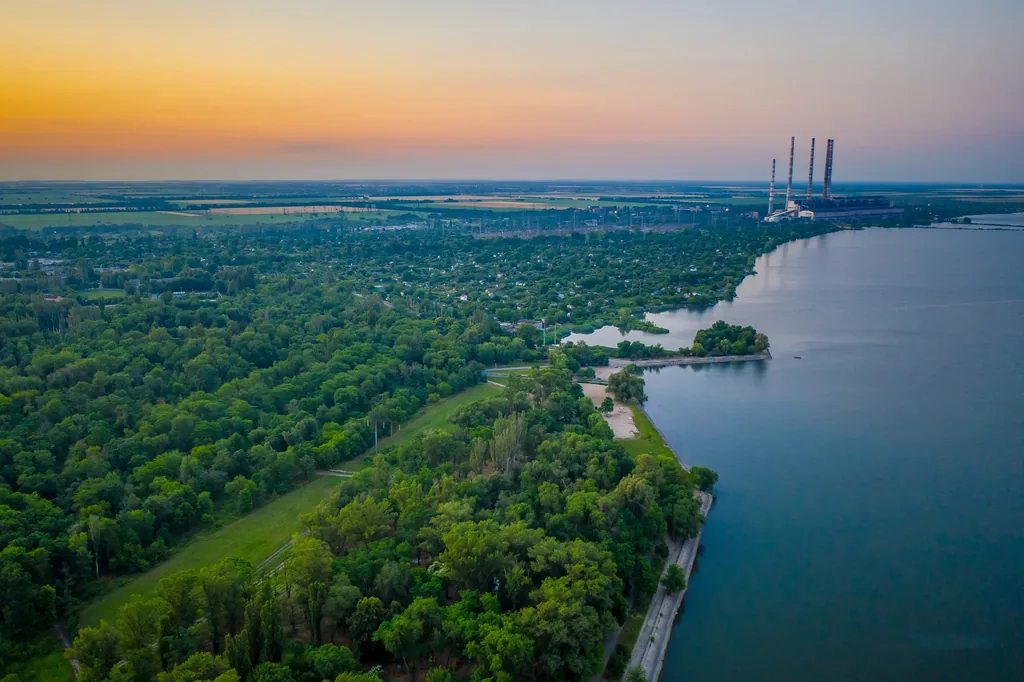 Aerial panorama of Zelenodolsk beside the reservoir