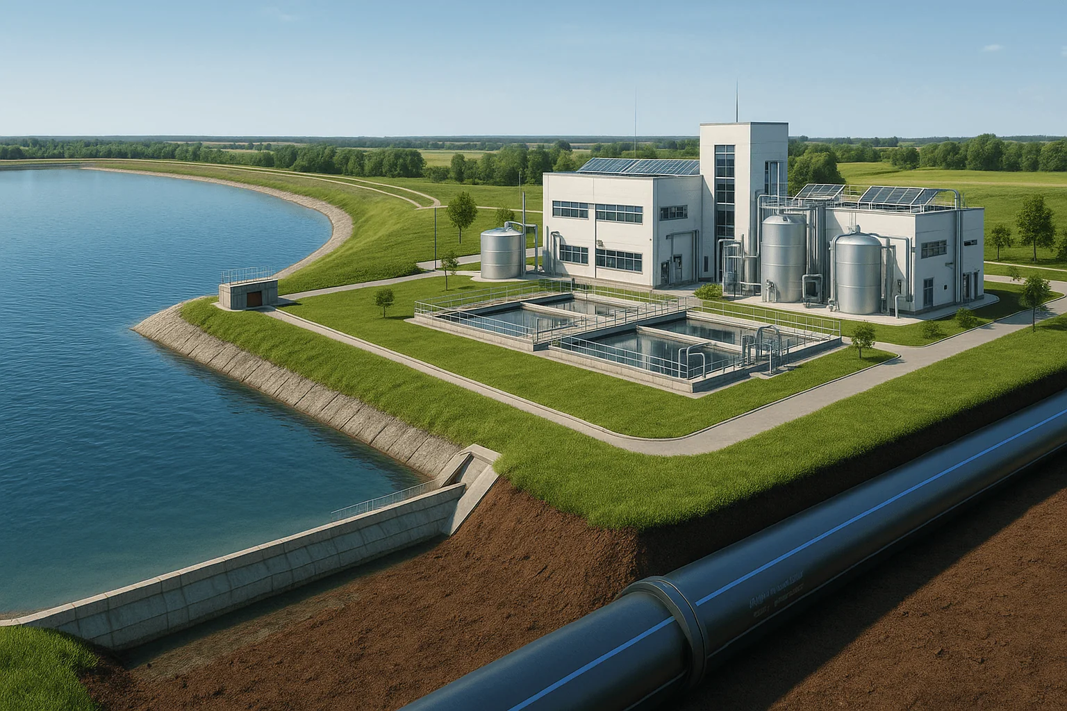 Editorial hero for “Northern Kryvyi Rih Water-Security Complex”: infrastructure, people and the project’s core technical intervention, without implying that the project is complete.