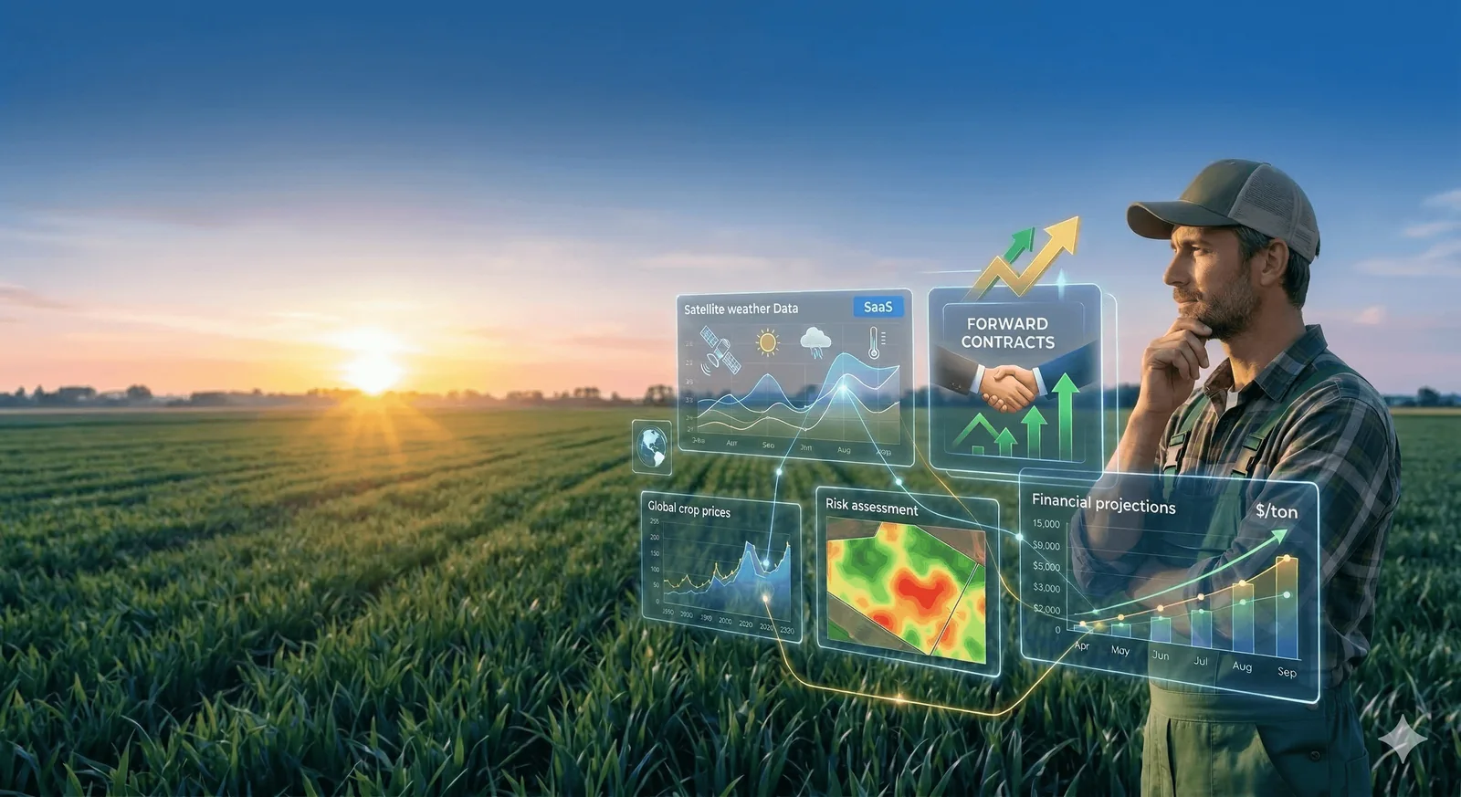 Aerial farmland merging into a financial risk dashboard with weather layers and visible uncertainty bands.