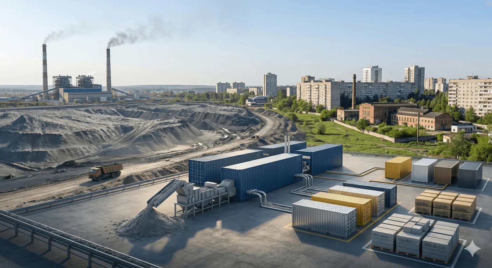 Editorial hero for “AshCore: From Coal Ash to Verified Industrial Feedstocks”: infrastructure, people and the project’s core technical intervention, without implying that the project is complete.