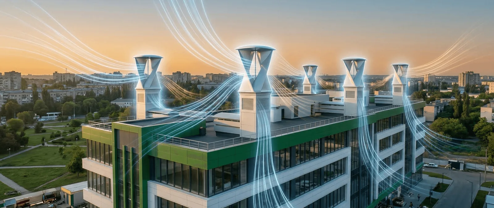 Conceptual cutaway of buildings using passive windcatchers, with airflow paths shown as translucent blue ribbons.