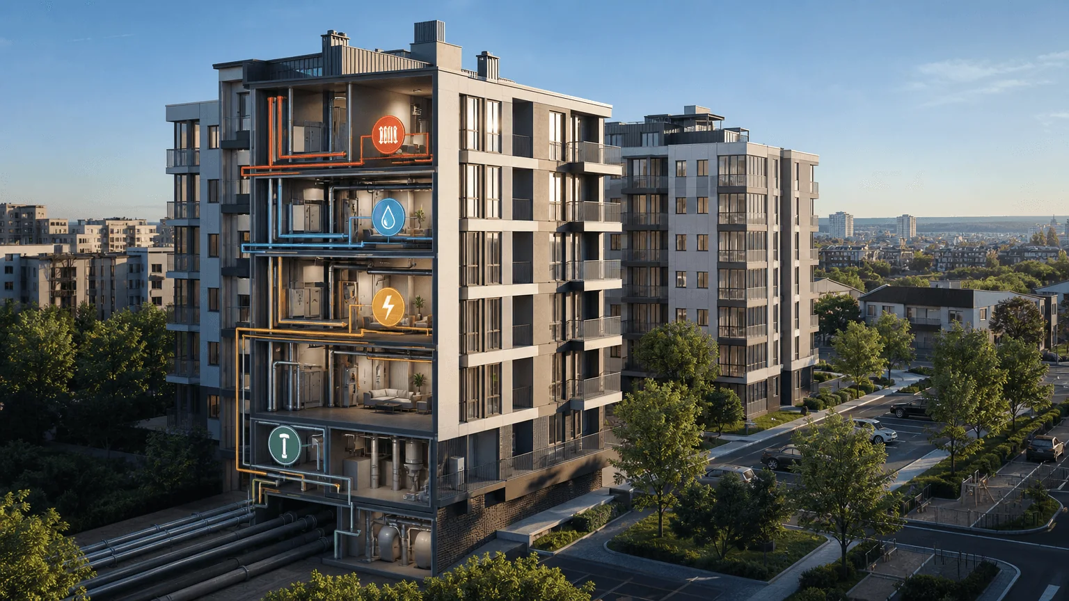 Editorial hero for “Reliable Utility Networks for 542 Apartment Buildings”: infrastructure, people and the project’s core technical intervention, without implying that the project is complete.