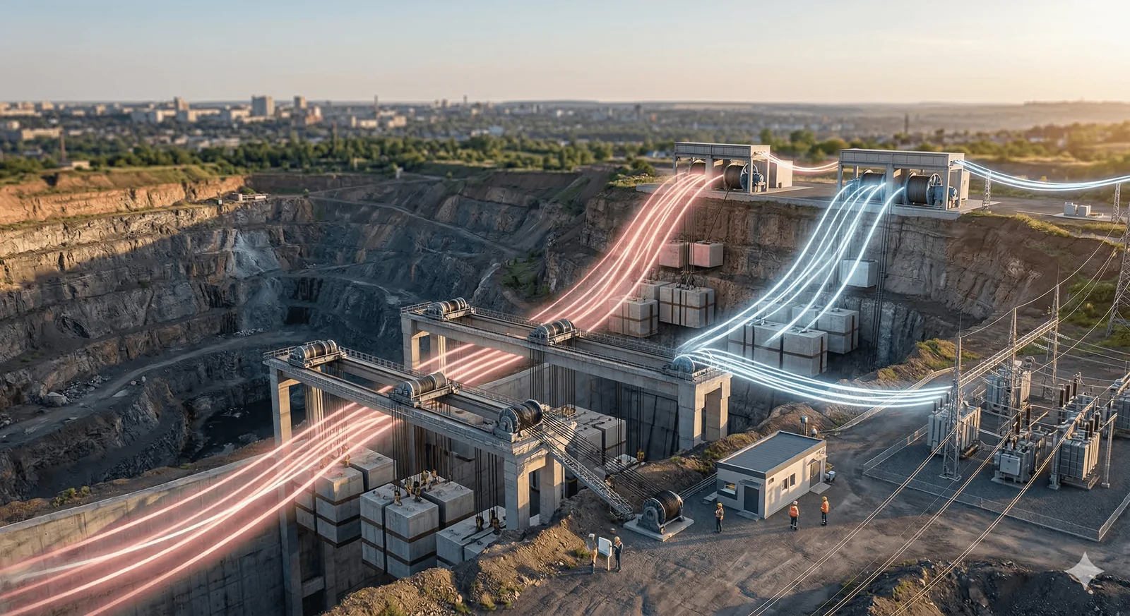 Conceptual quarry section showing heavy masses raised with surplus electricity and lowered to return energy to the grid.
