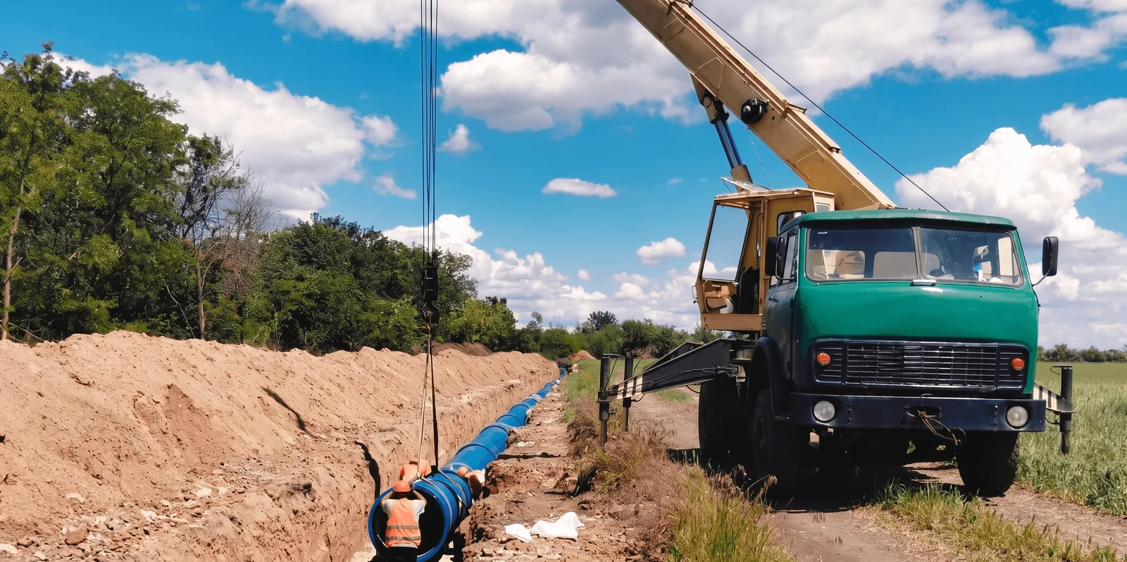 Editorial hero for “Karachuniv Reservoir Trunk Main”: infrastructure, people and the project’s core technical intervention, without implying that the project is complete.