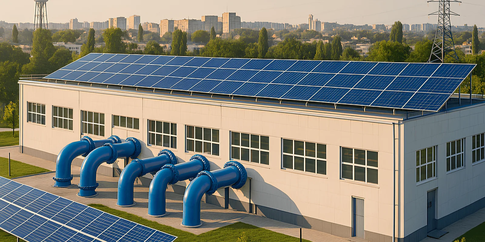 Editorial hero for “Solar Resilience for Water and Wastewater Pumping”: infrastructure, people and the project’s core technical intervention, without implying that the project is complete.