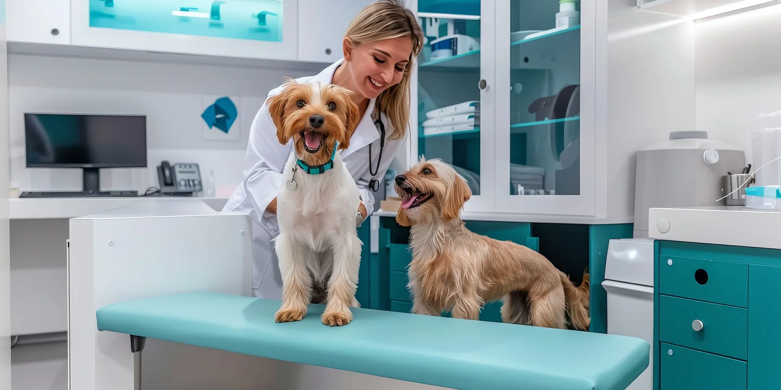 Veterinary team caring for companion animals in a warm day-and-night clinic scene with diagnostics and owner consultation.