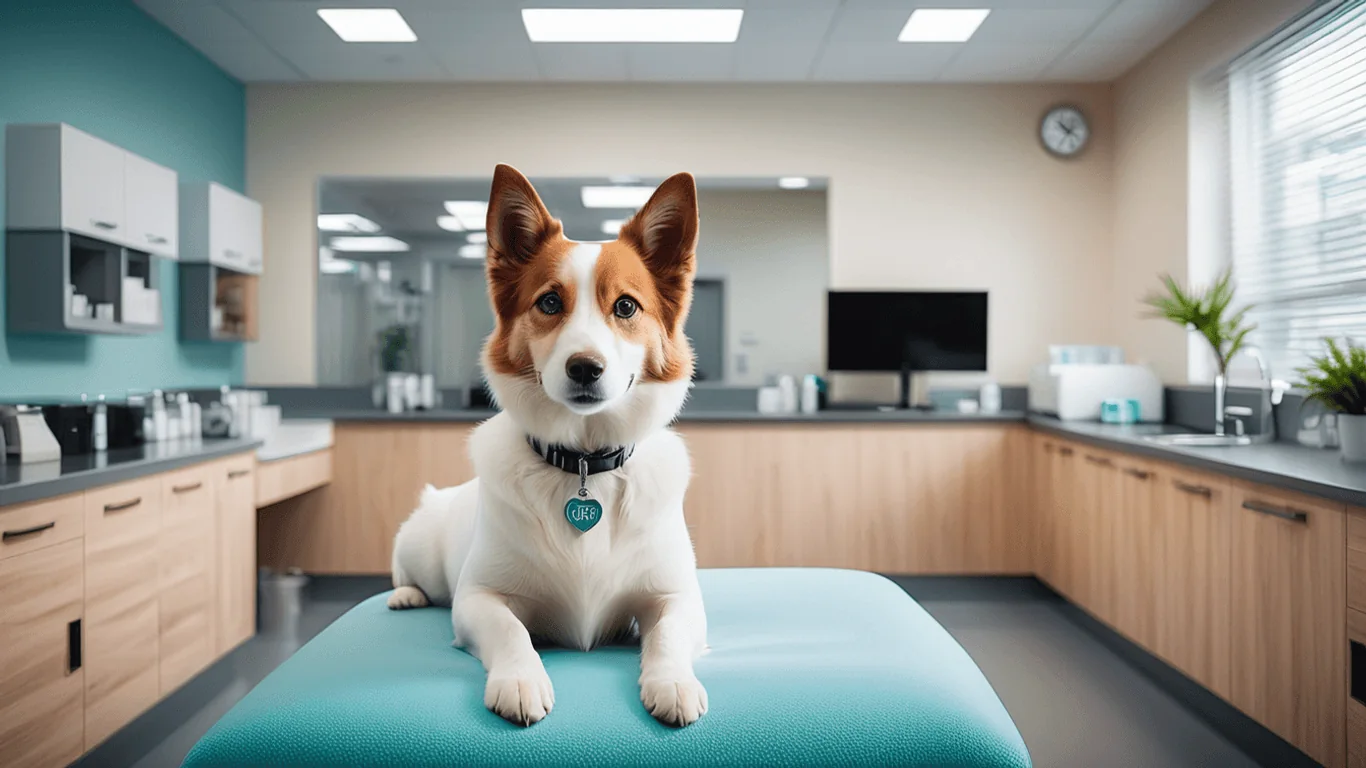 Veterinary team caring for companion animals in a warm day-and-night clinic scene with diagnostics and owner consultation.
