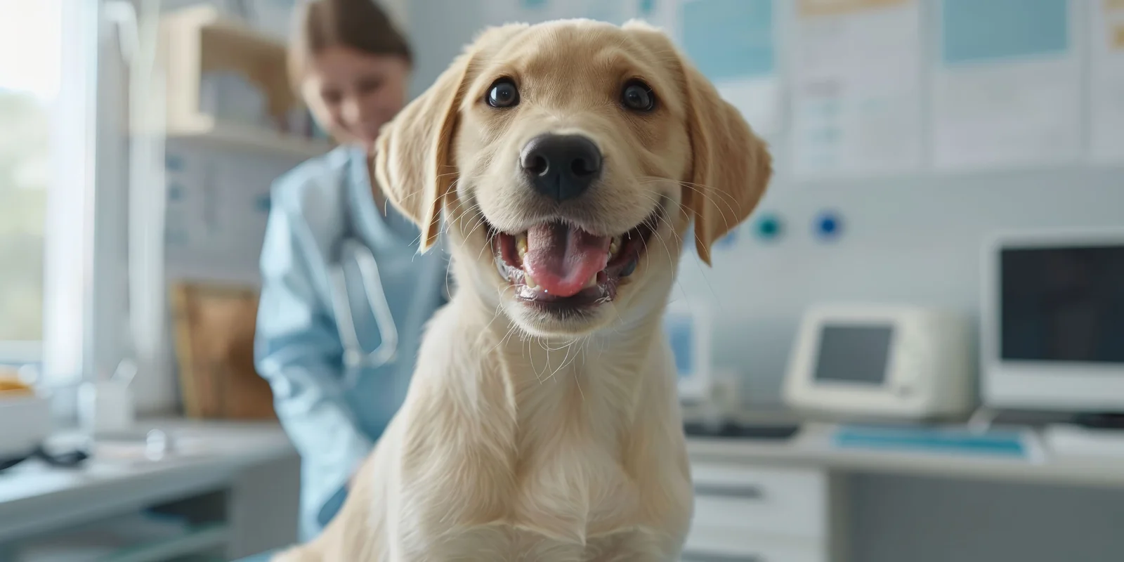 Veterinary team caring for companion animals in a warm day-and-night clinic scene with diagnostics and owner consultation.