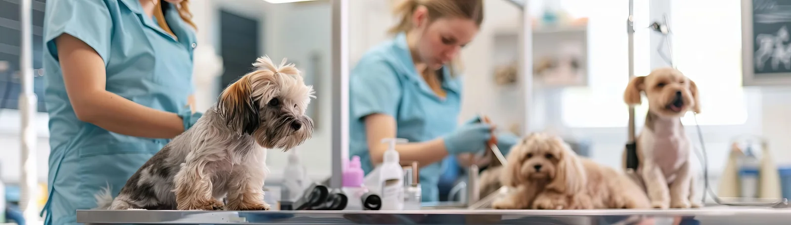 Veterinary team caring for companion animals in a warm day-and-night clinic scene with diagnostics and owner consultation.